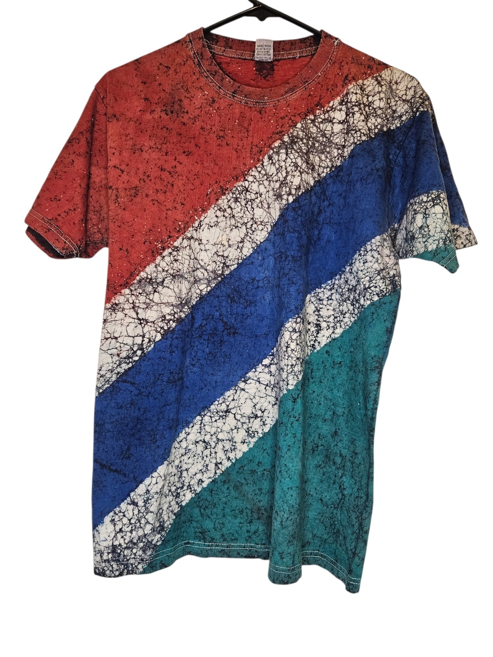 Striped Diagonal Crew Neck T-Shirt in Red, Blue & Teal Tie-Dye 90s Vintage Retro